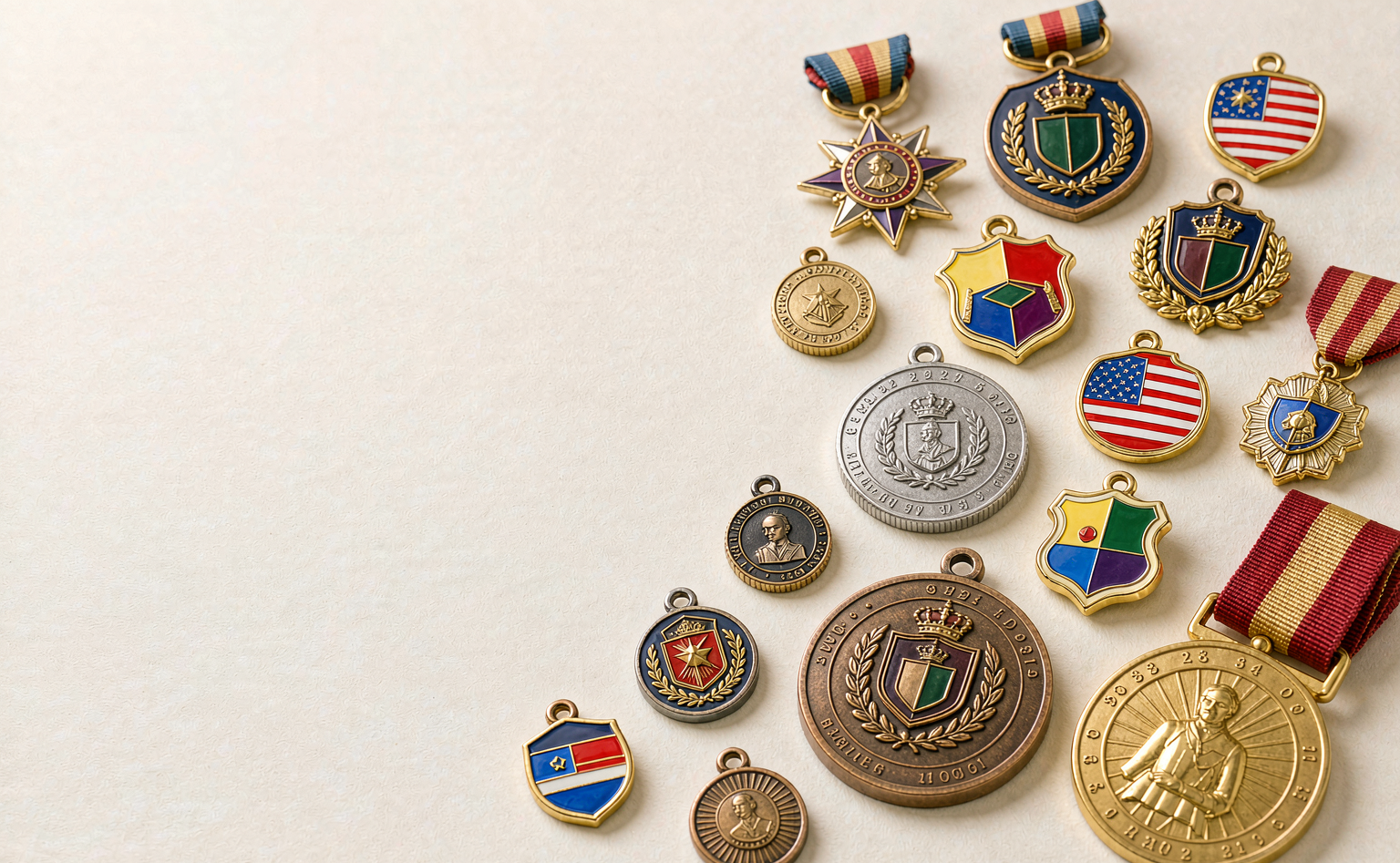 Assorted custom enamel pins, challenge coins and medals made by Lapel Pin Plus